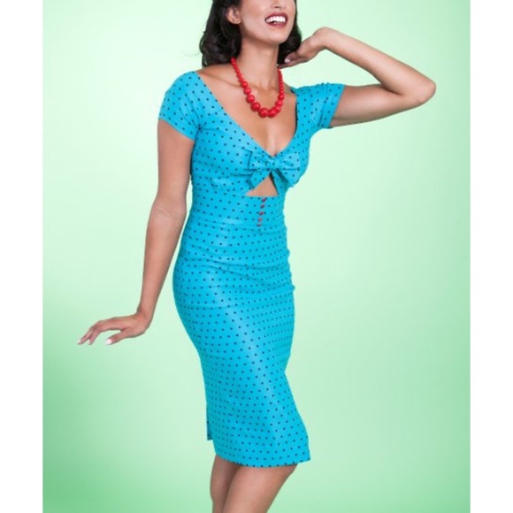 Tatyana Dresses & Skirts - Tatyana turquoise blue and black Shame polka dot wiggle dress